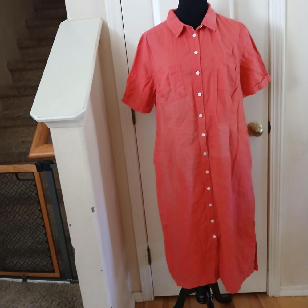 Boden Distressed Coral Cotton-Linen Blend Maxi Shirt Dress 12R For Upcycling